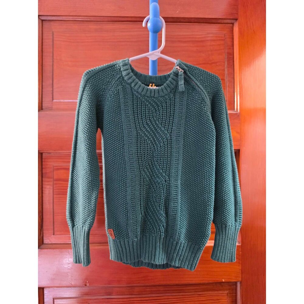 Kidichic Boys Size 8 Forest Green Cable Knit Sweater Pullover Shoulder Zip